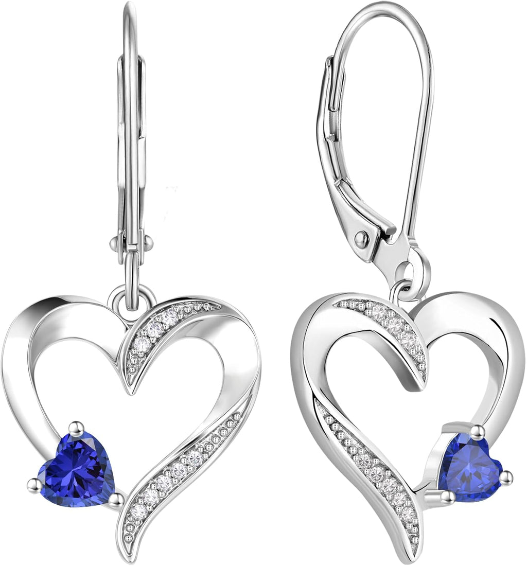 Heart Earrings Sterling Silver Heart Dangle Drop Earrings Sapphire/Emerald/Amethyst/Aquamarine Leverback Jewelry for Women