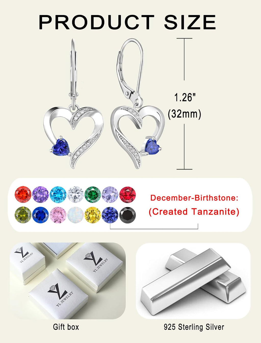 Heart Earrings Sterling Silver Heart Dangle Drop Earrings Sapphire/Emerald/Amethyst/Aquamarine Leverback Jewelry for Women